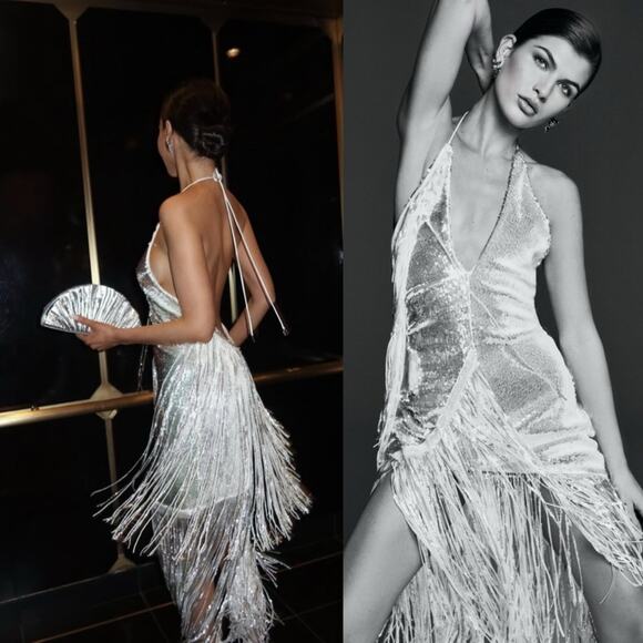 Rotate Birger Christensen Sequin Metallic Fringe Sleeveless Dress Silver Size 10 - Picture 3 of 16